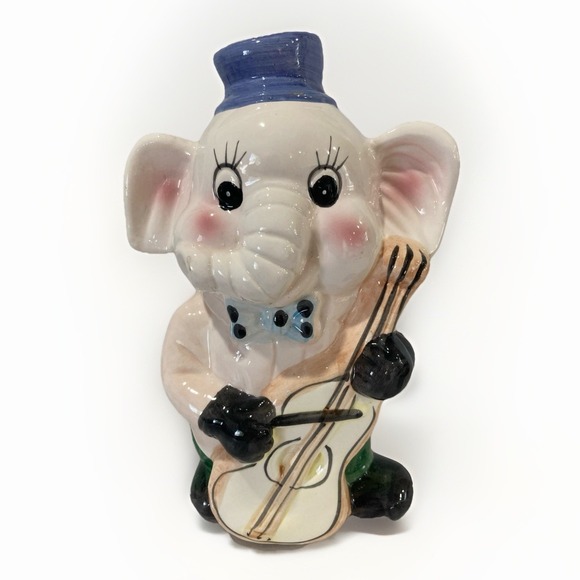 None Other - Vintage Ceramic Elephant Cellist Bank 1950's Carnival Prize Whimsical and Rare